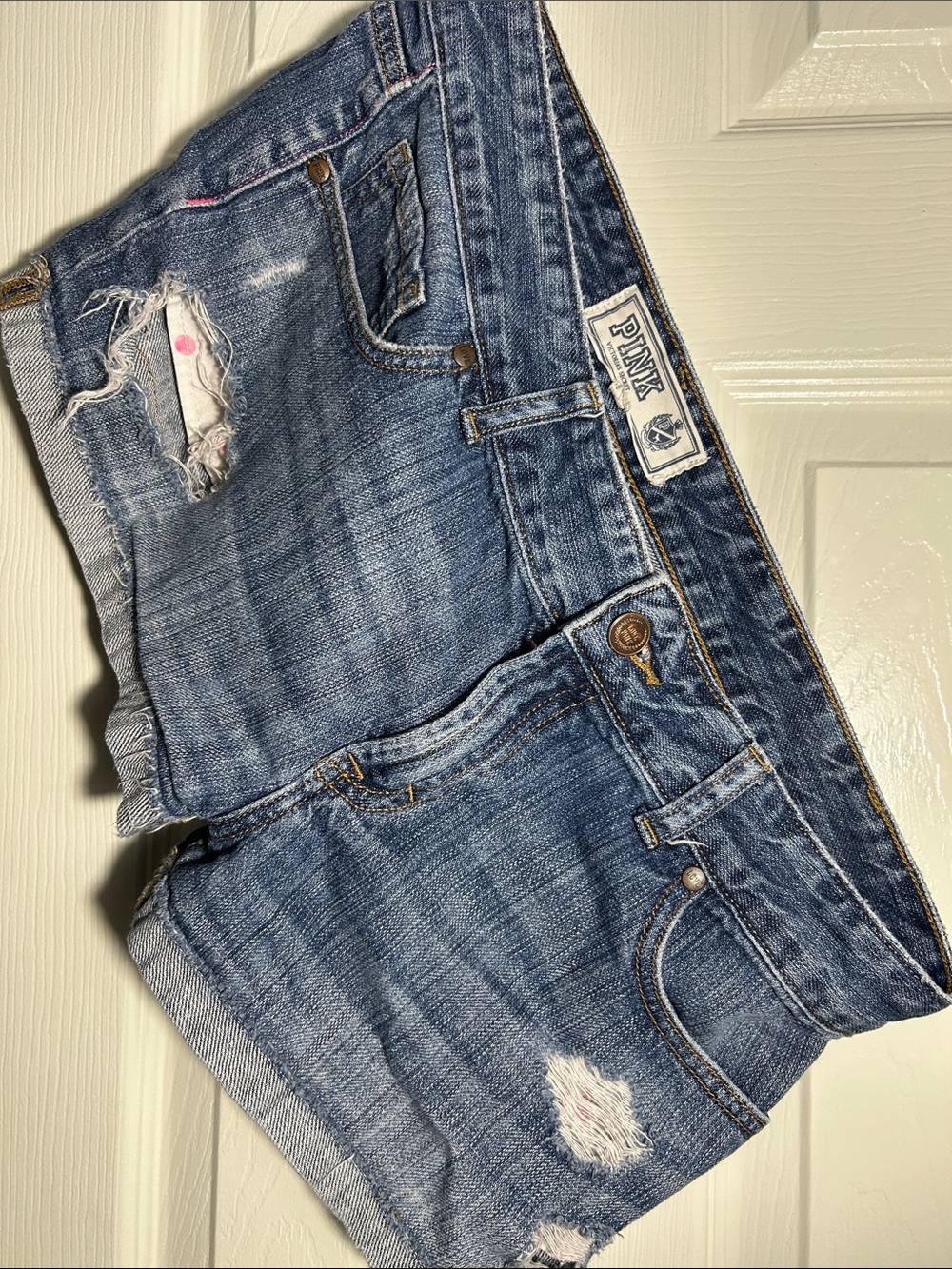 PINK Victoria's Secret Distressed Cropped Denim Shorts - Blue